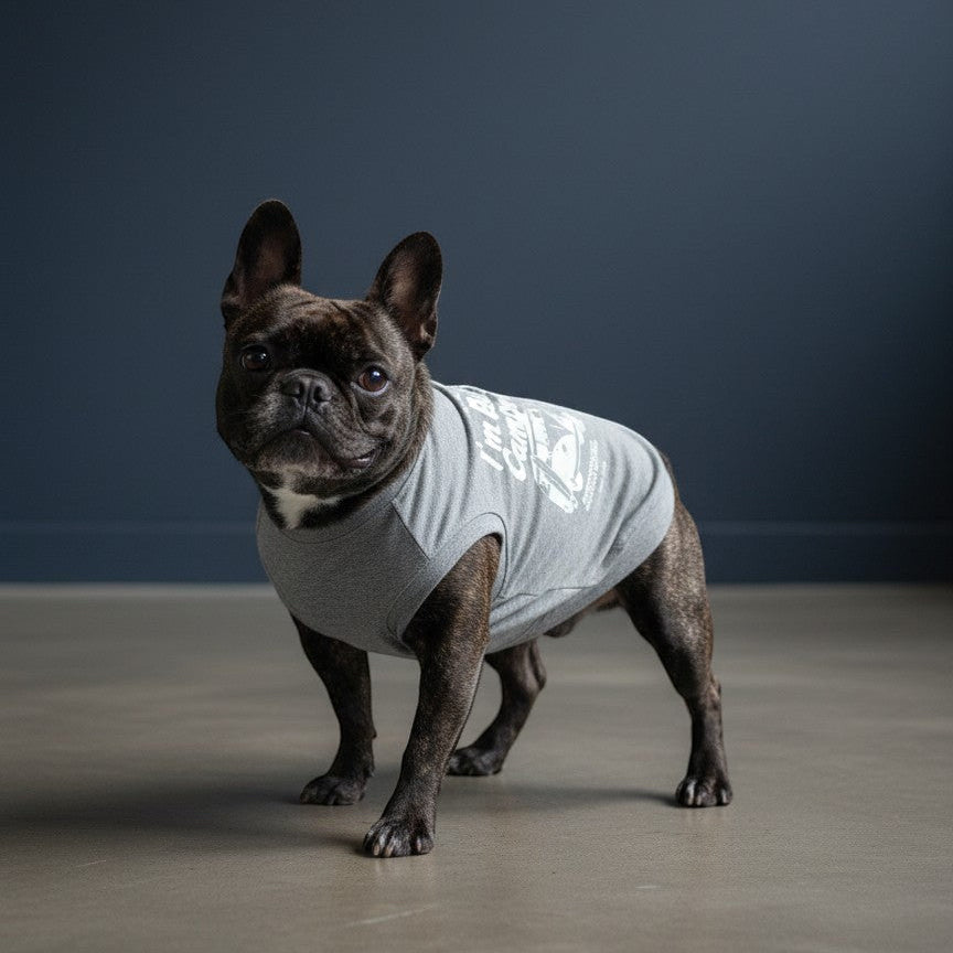 Buhiya.life grey 100% cotton tank top for dogs with "I'm Buhi Camper" graphic and VW van.