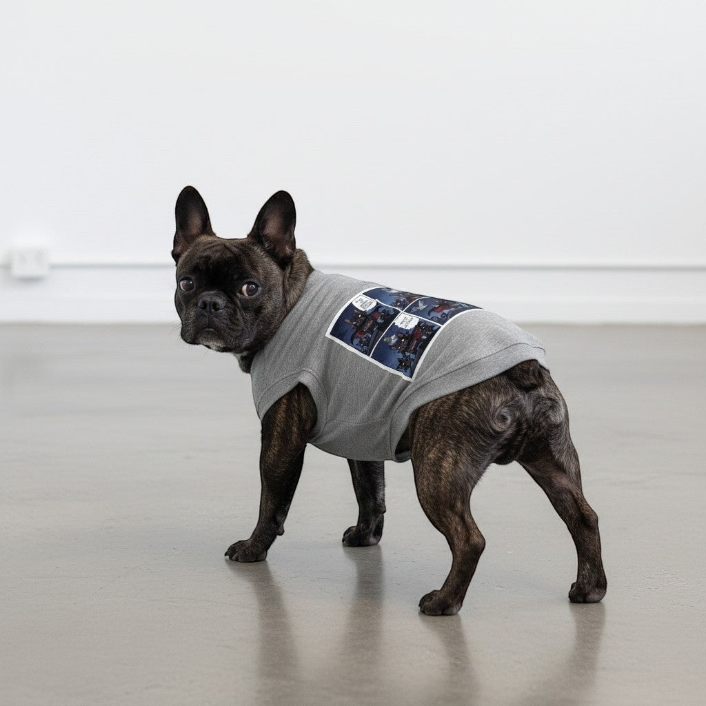 Buhiya.life grey 100% cotton dog tank top with a comic strip featuring French bulldogs dressed as shadow heroes and a pigeon.