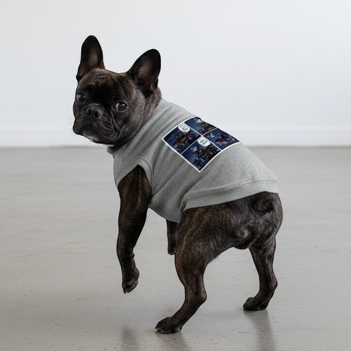 Buhiya.life grey cotton dog tank top with a comic strip featuring French bulldogs dressed as shadow heroes and a pigeon.