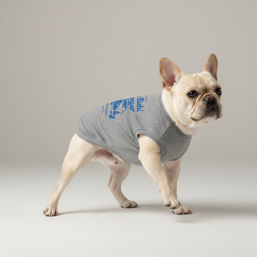 Buhiya.life grey 100% cotton dog tank top with blue 'I'm Buhi Camper' print featuring a vintage van and surfboard.