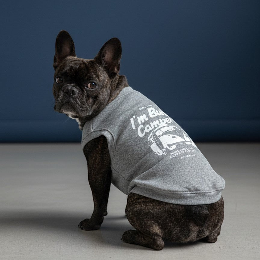 Buhiya.life grey 100% cotton tank top for dogs with "I'm Buhi Camper" graphic featuring a vintage van and surfboards.
