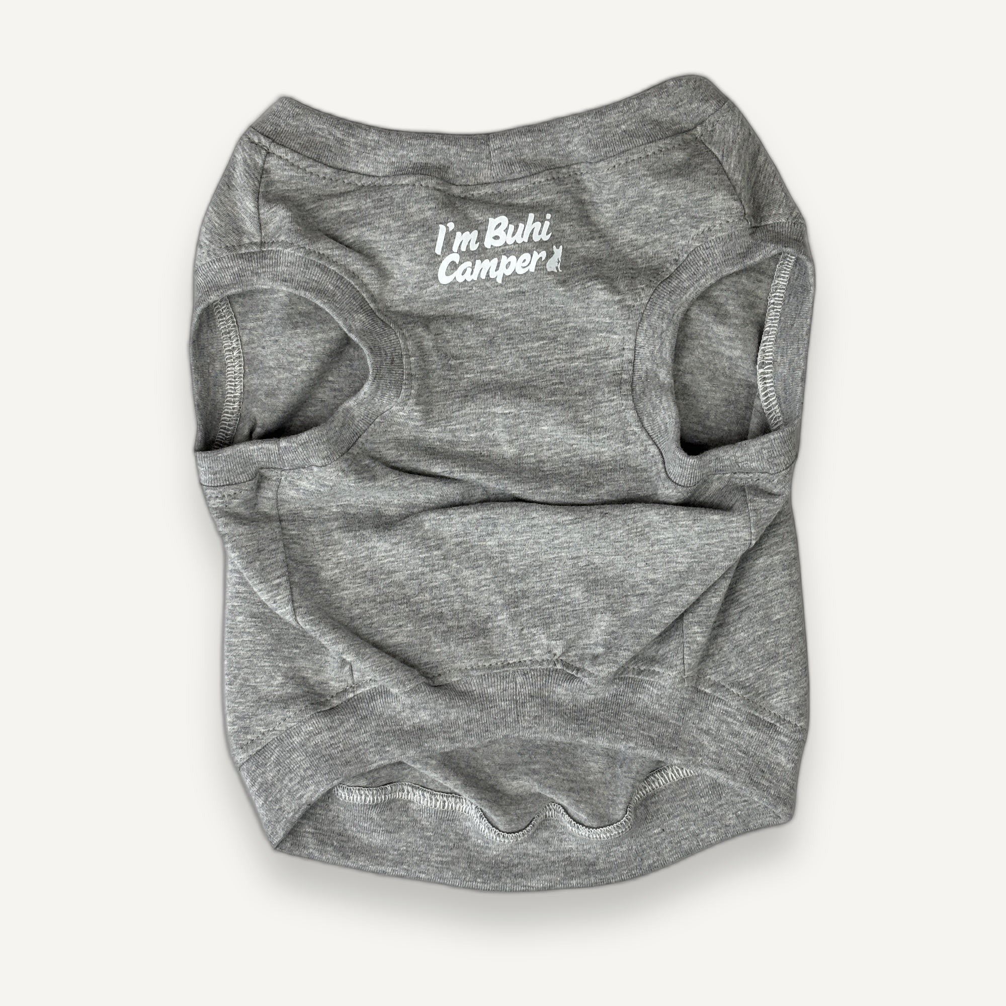 Buhiya.life grey 100% cotton dog tank top with white "I'm Buhi Camper" print